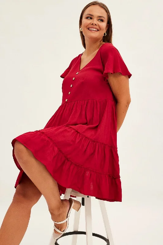 Red Fit And Flare Dress Short Sleeve V-neck