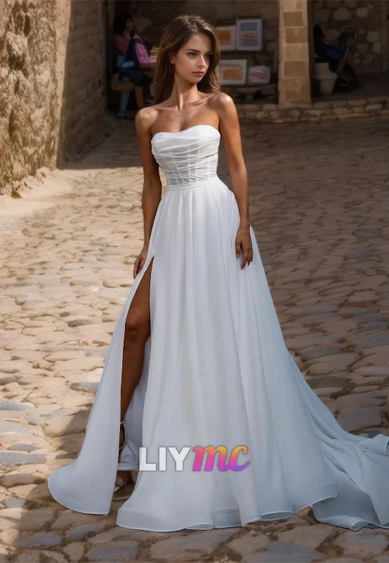 Sweetheart Sleeveless Pleated Side Slit A-Line Wedding Dress