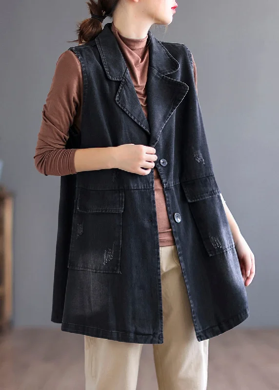 Black Peter Pan Collar Button Denim Waistcoat Long Sleeve