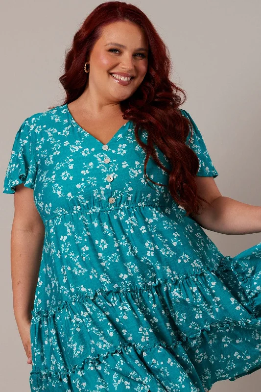 Green Ditsy Fit And Flare Dress Short Sleeve Tiered