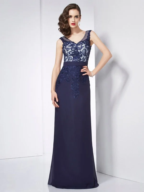 Sheath/Column V-neck Sleeveless Beading Applique Long Chiffon Dresses