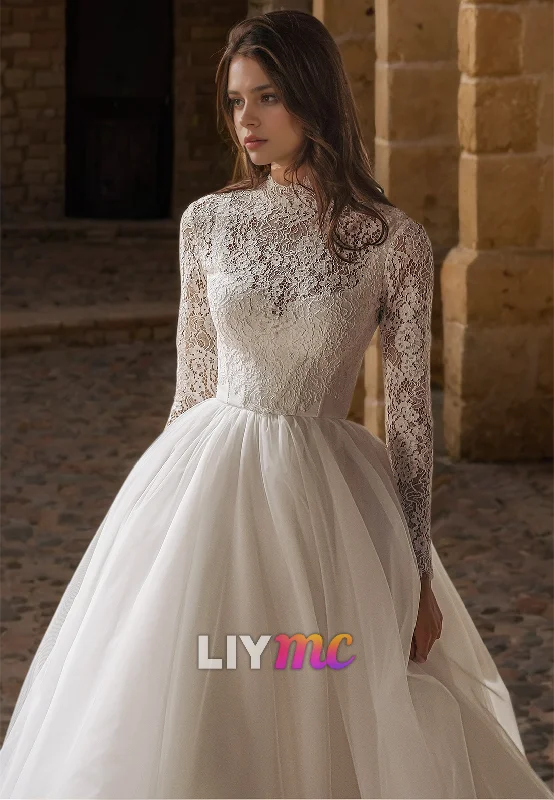 High Neck Long Sleeves Lace Appliques Tulle Ball Gown Wedding Dress