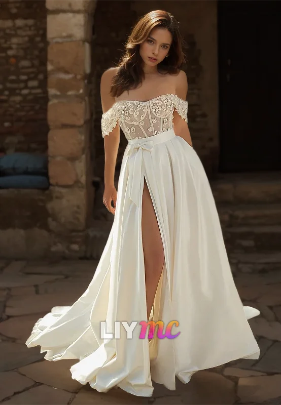 Off-Shoulder Strapless Appliques Pleated Satin A-Line Wedding Dress