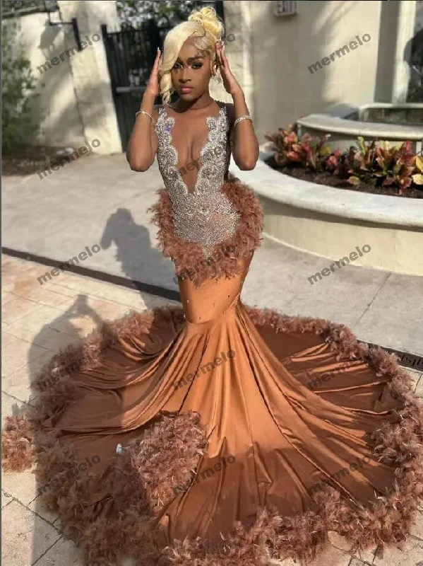 Brown Long Mermaid Evening Birthday Gala Dresses for Black Girl Luxury Diamond Crystal Feather Prom Ceremony Party Dress