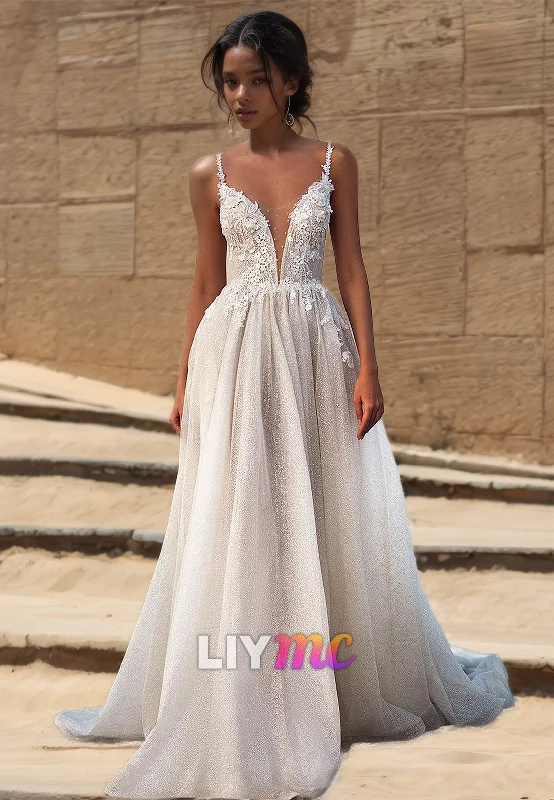 V-Neck Spaghetti Straps Appliques Pleated A-Line Wedding Dress