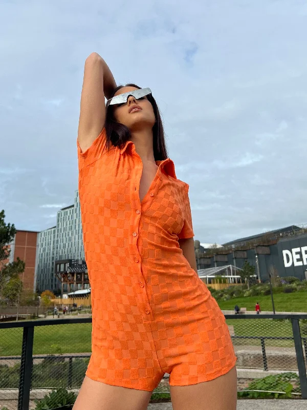 Orange Checkerboard Button Through Romper