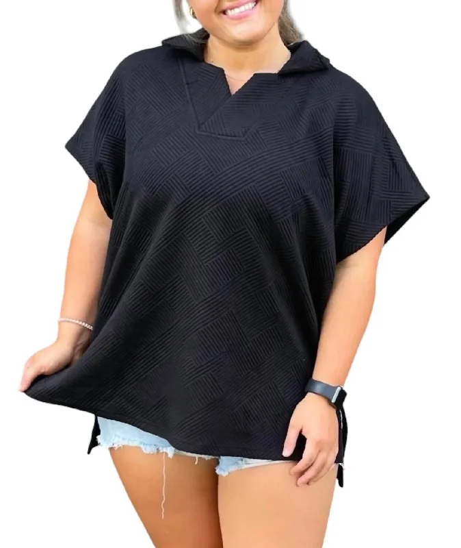 Textured Collar Vneck Top In Black