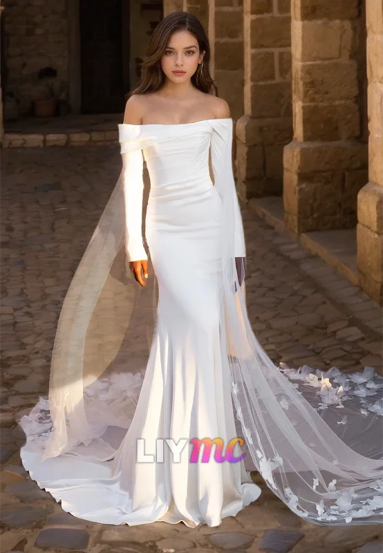 Off-Shoulder Long Sleeveless Sleek Mermaid Wedding Dress