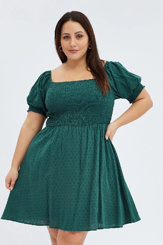 Green Skater Dress Shirred Short Sleeve Textured