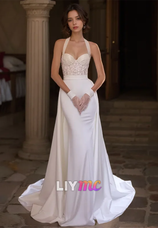 Halter Sleeveless Appliques Mermaid Removable Train Wedding Dress