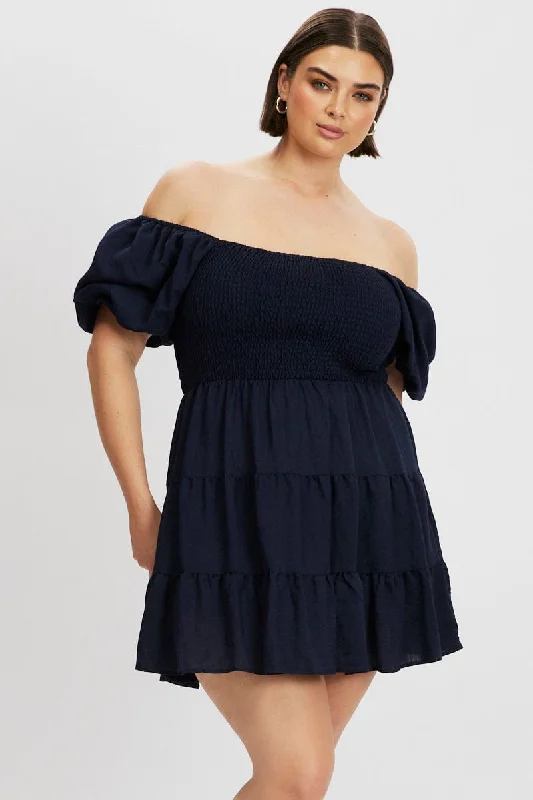 Blue Puff Sleeve Mini Shirred Dress