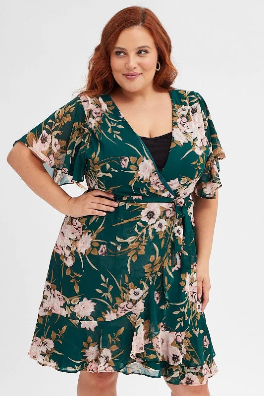 Green Floral Fit And Flare Dress Short Sleeve Wrap