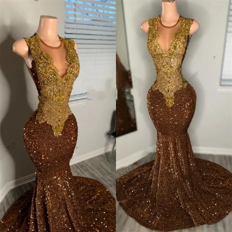 Brown Sheer O Neck Long Prom Dress For Black Girls Beaded Crystal Rhinestone Birthday Party Dresses Sequined Evening Gowns