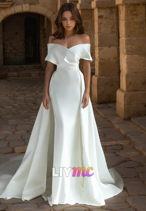 Off-Shoulder Strapless Sleek Sheath Sweep Train Wedding Dress