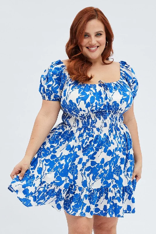 Blue Floral Fit And Flare Dress Short Sleeve