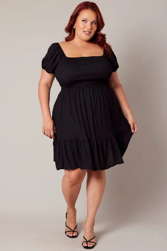 Black Fit And Flare Dress Short Sleeve Shirred