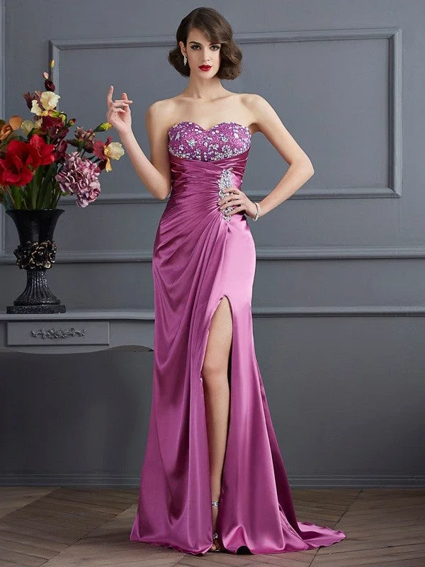 Sheath/Column Sweetheart Sleeveless Beading Long  Woven Satin Dresses