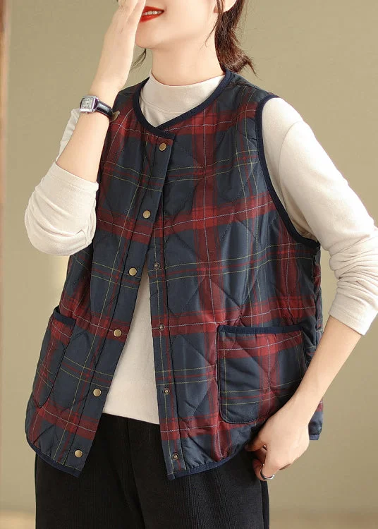 Women Red Navy Plaid Pockets Patchwork Warm Fleece Vest Sleeveless