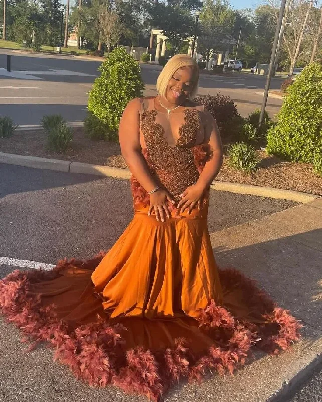 Brown Long Mermaid Evening Recemony Party Dresses for Black Girl Plus Size luxury Diamond Crystal Feather Prom Gala Gown