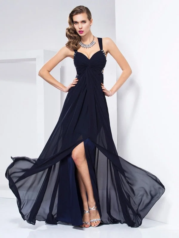 A-Line/Princess V-neck Sleeveless Ruffles Long Chiffon Dresses