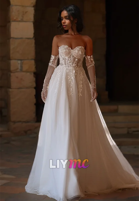 Sweetheart Strapless Appliques Tulle A-Line Wedding Dress