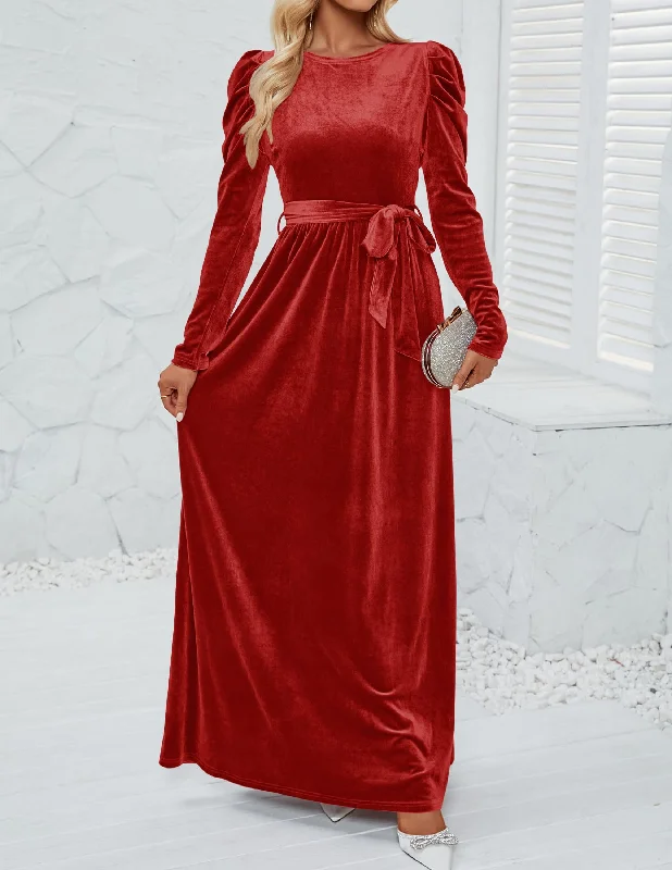 Evening Dress Women's Velvet Maxi Dress Long Puff Sleeve Crew Neck Formal Wear Dresses Wedding Guest Dress