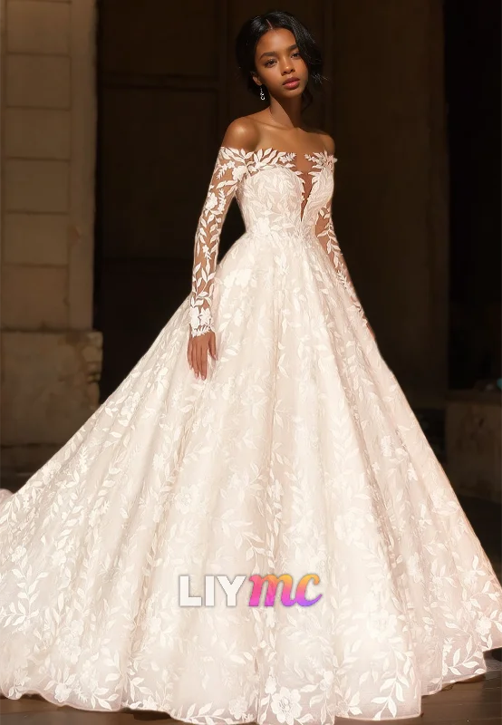 Off-Shoulder Long Sleeves Appliques Pleated A-Line Wedding Dress