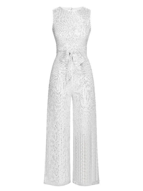 Silver 1930s Solid Sequined Backless Jumpsuit