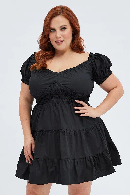 Black Fit And Flare Dress Short Sleeve Shirred