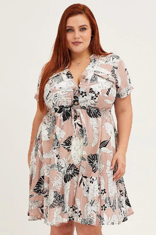 Trop Print Short Sleeve V-neck Shirt Dress