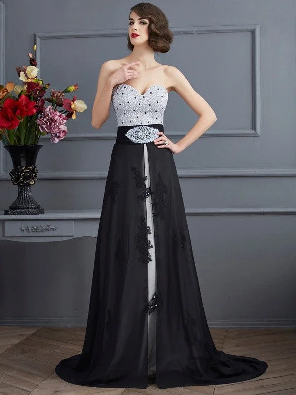 A-Line/Princess Sweetheart Sleeveless Beading Long Chiffon Dresses