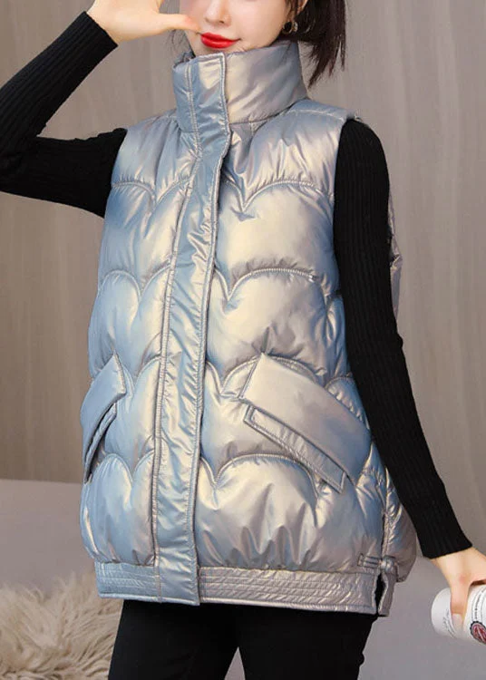 Luxury silver zippered Pockets Winter Sleeveless Puffer Vest