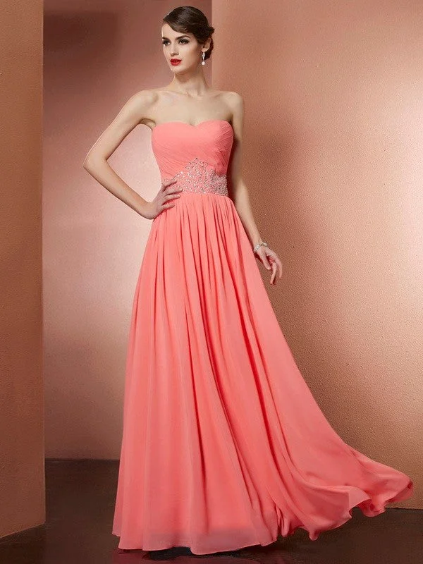 A-Line/Princess Strapless Sleeveless Pleats Beading Long Chiffon Dresses