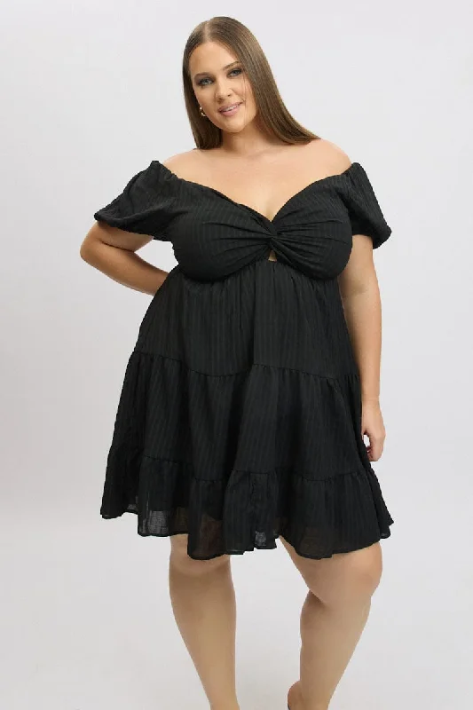 Black Textured Chiffon Twist Front Puff Sleeve Minidress