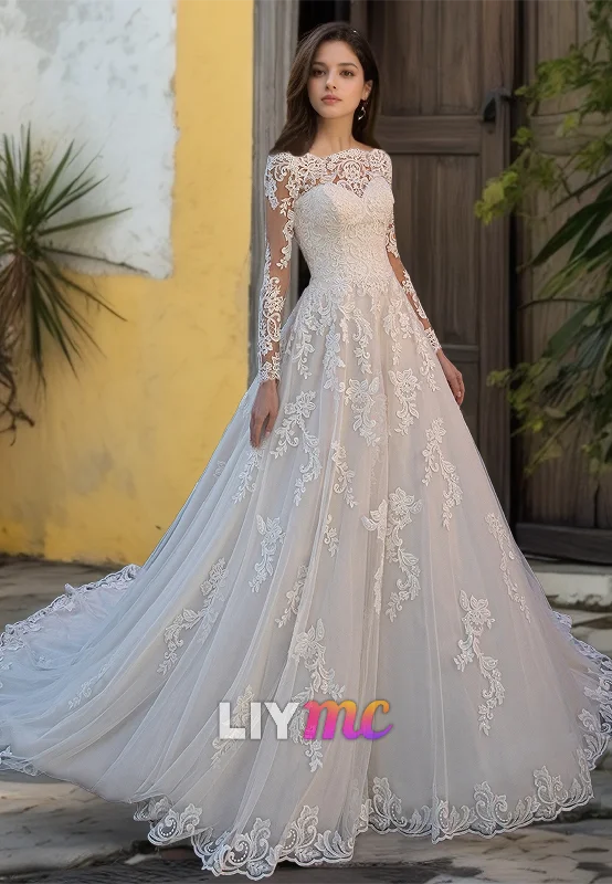 Off-Shoulder Long Sleeves Lace Appliques Ball Gown Wedding Dress