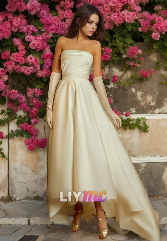 Straight Across Sleeveless Pleated Sleek Satin A-Line Wedding Dress