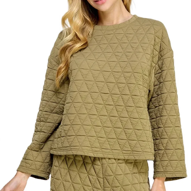 Quilted Long Sleeve Top In Olive