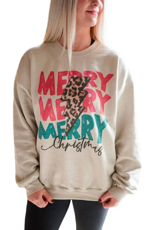 Merry Merry Merry Christmas Sweatshirt In Sand