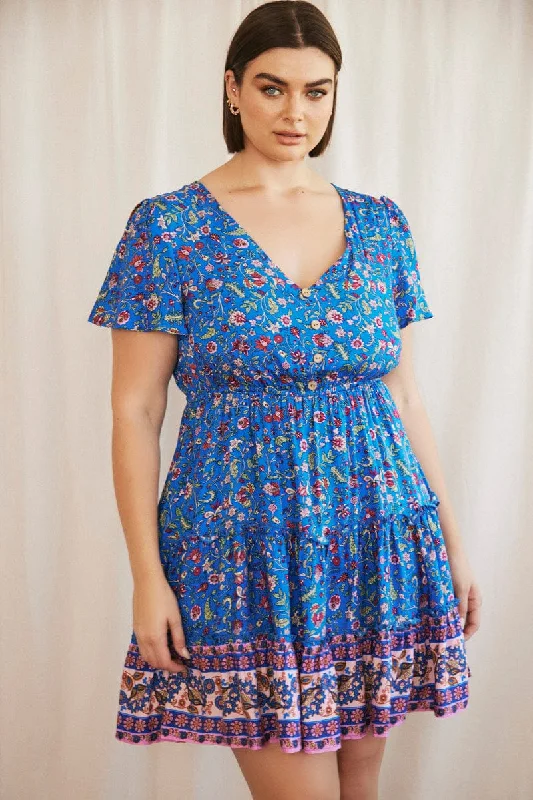 Blue Boho Fit And Flare Dress Short Sleeve V-neck