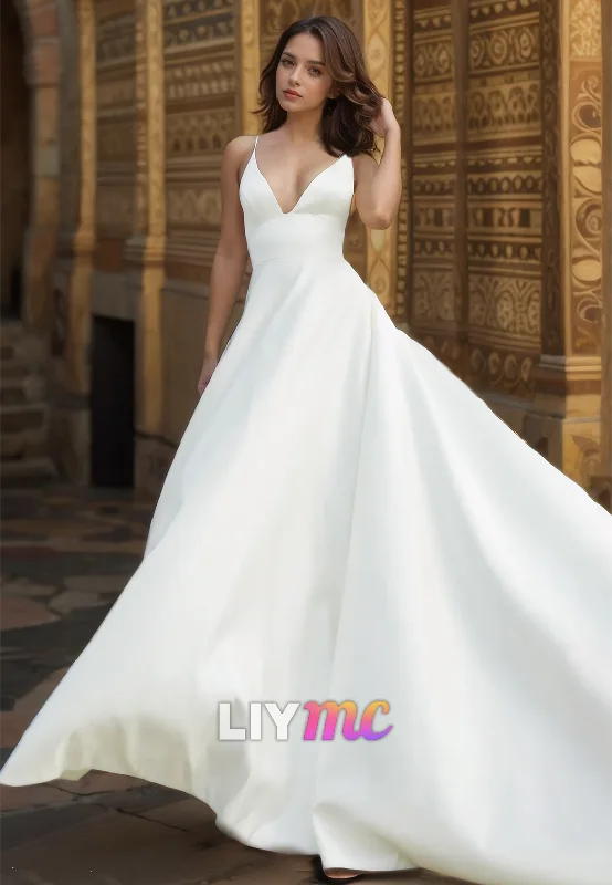 V-Neck Straps Sleeveless Pleated Satin A-Line Wedding Dress