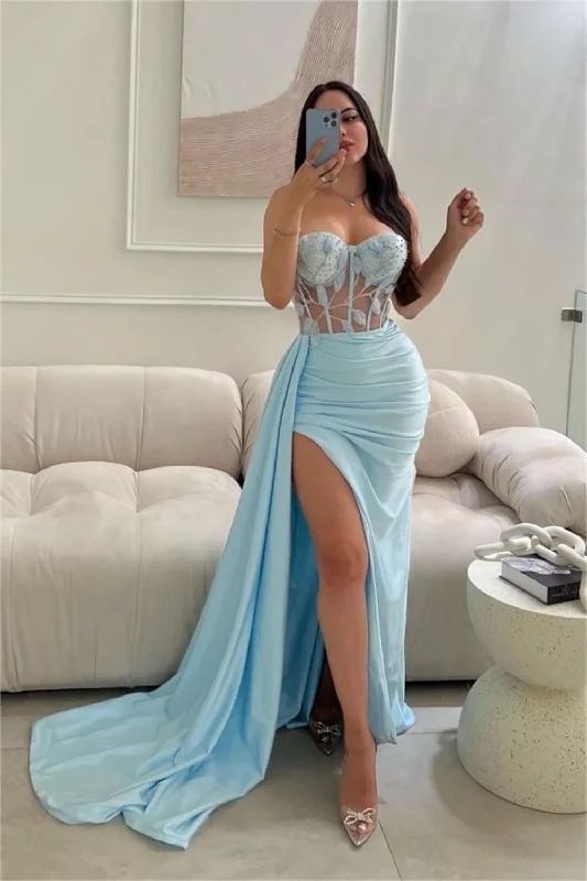 Satin Sweetheart Mermaid Prom Dresses With Split Sheer Corset Lace Appliques Formal Evening Party Sleeveless Long Ball Gowns