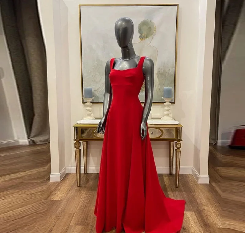 A-line Red Saudi Arabia Prom Dresses Square Collar Sleeveless Evening Party Gowns Long Satin Formal Evening Dress