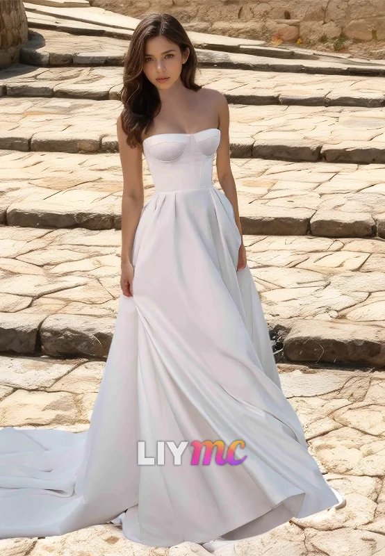 Semi-Sweetheart Sleeveless Pleated Satin A-Line Wedding Dress