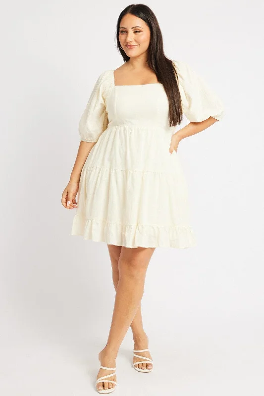 Beige Square Neck Puff Sleeve Minidress