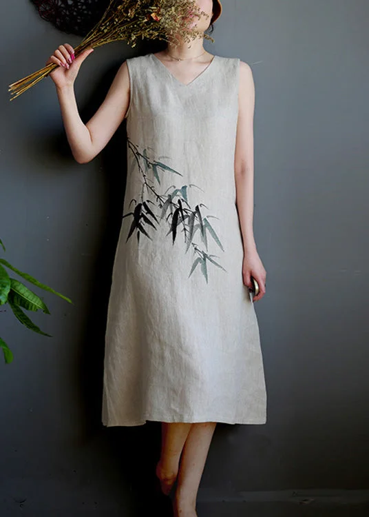 Brief V Neck Print Linen Long Vests Dress Summer