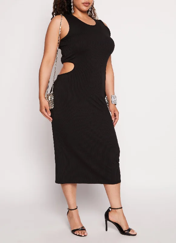 Plus Size Ribbed Knit Side Cut Out Back Tank Dress