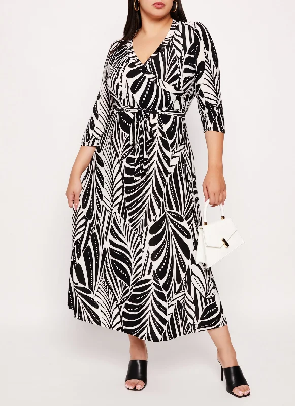 Plus Size Leaf Print Faux Wrap Dress