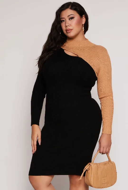 Plus Size Color Block Keyhole Sweater Dress