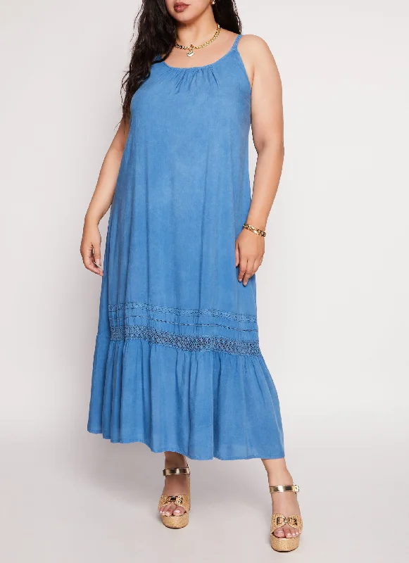 Plus Size Acid Wash Braided Strap Crochet Detail Dress