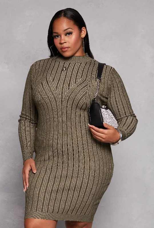 Plus Size Almost Famous Ribbed Knit Shadow Stripe Sweater Dress